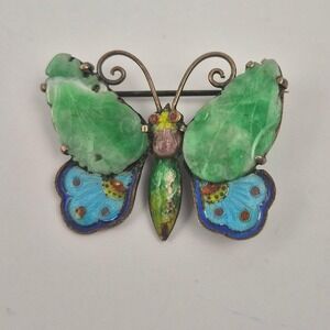 Vtg Chinese Jade Butterfly Brooch Pin Carved Cloisonné Silver Filigree 1" MCM